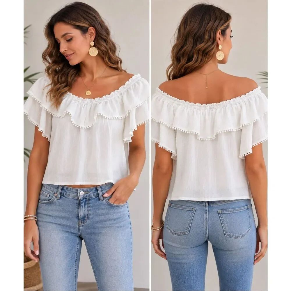 Etiquette White Off Shoulder Cotton Ruffle Blouse Peasant Boho Top Size M